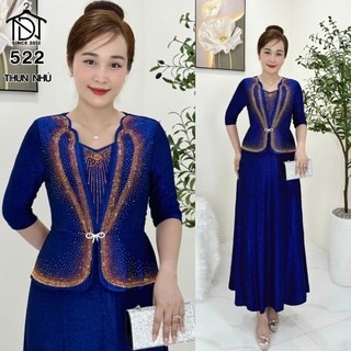Đầm liền MAXI dạ hội trung niên chất nhũ kim sa co giãn cực tốt cho mẹ dự tiệc sang trọng bigsize 75KG M522