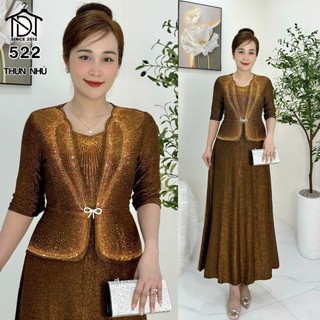 Đầm liền MAXI dạ hội trung niên chất nhũ kim sa co giãn cực tốt cho mẹ dự tiệc sang trọng bigsize 75KG M522