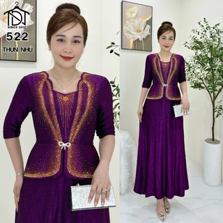 Đầm liền MAXI dạ hội trung niên chất nhũ kim sa co giãn cực tốt cho mẹ dự tiệc sang trọng bigsize 75KG M522