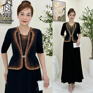Đầm liền MAXI dạ hội trung niên chất nhũ kim sa co giãn cực tốt cho mẹ dự tiệc sang trọng bigsize 75KG M522