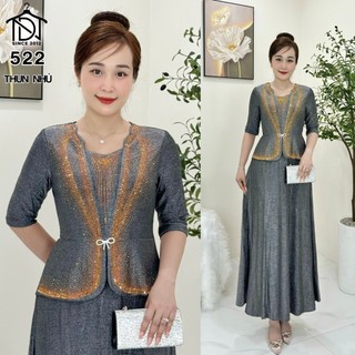 Đầm liền MAXI dạ hội trung niên chất nhũ kim sa co giãn cực tốt cho mẹ dự tiệc sang trọng bigsize 75KG M522