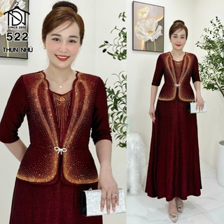 Đầm liền MAXI dạ hội trung niên chất nhũ kim sa co giãn cực tốt cho mẹ dự tiệc sang trọng bigsize 75KG M522