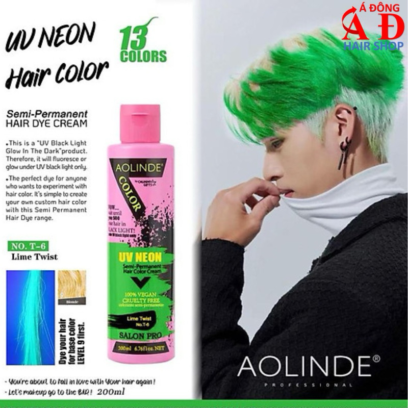 MÀU XANH LÁ - NHUỘM TÓC ACID TRÊN NỀN 9 UV NEON FREE HIGHLIGHT AOLINDE PHẢN QUANG - T6 LIME TWIST 200ML