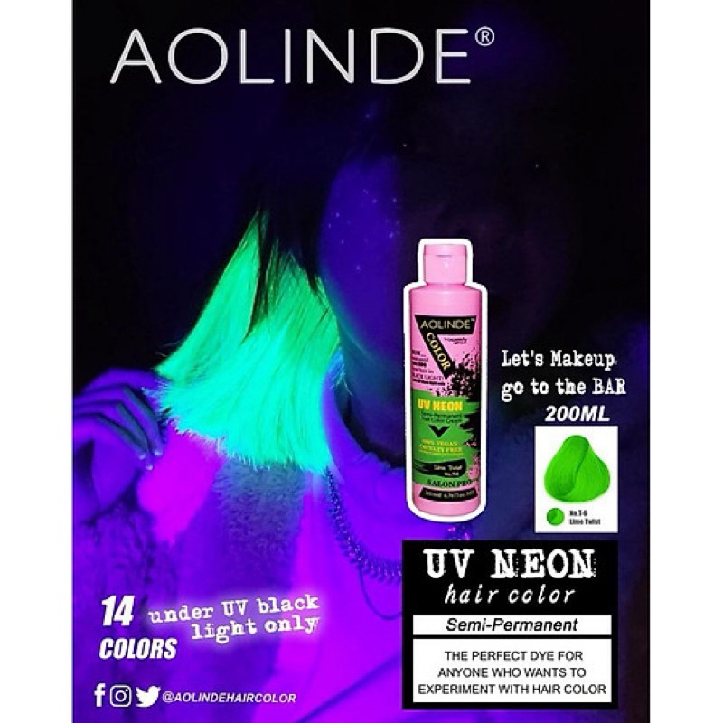 MÀU XANH LÁ - NHUỘM TÓC ACID TRÊN NỀN 9 UV NEON FREE HIGHLIGHT AOLINDE PHẢN QUANG - T6 LIME TWIST 200ML