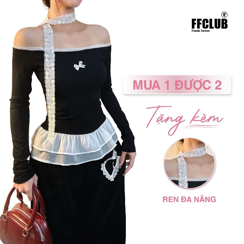 [TẶNG KHĂN REN ]  Áo body nữ kiểu Trễ vai Phối Voan form ôm body tôn dáng FFCLUB mix