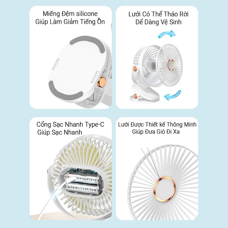 Quạt tích điện mini để bàn, Quạt kẹp bàn, Kẹp Xe Đẩy xoay 360 độ pin sạc Anhlinh