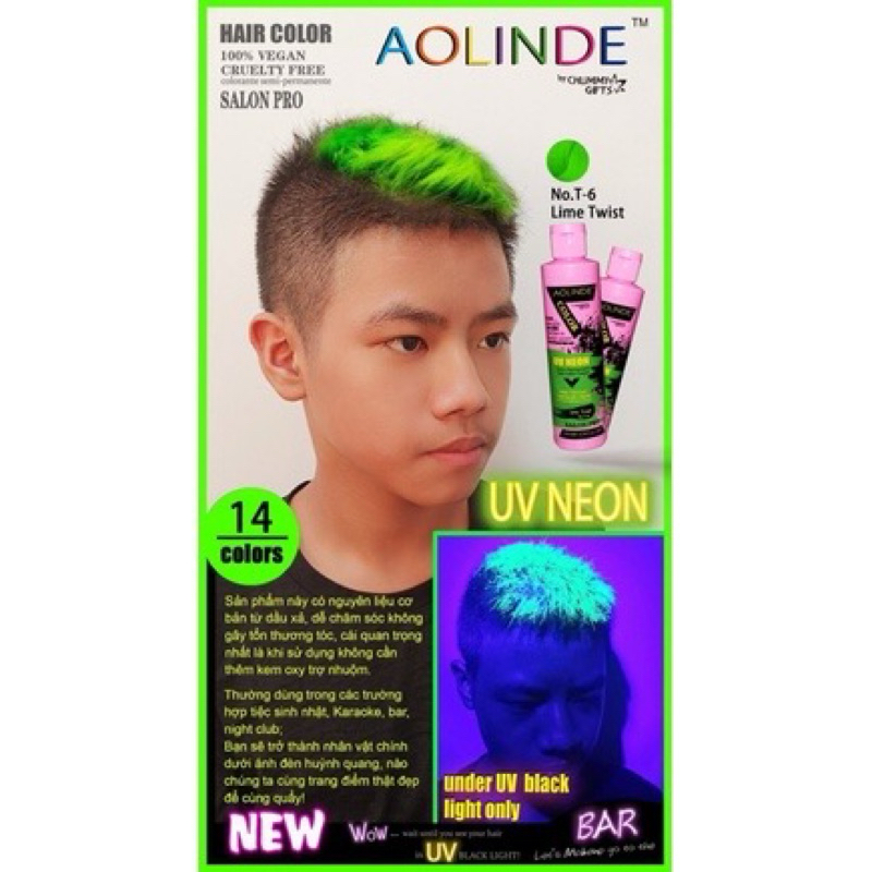 MÀU XANH LÁ - NHUỘM TÓC ACID TRÊN NỀN 9 UV NEON FREE HIGHLIGHT AOLINDE PHẢN QUANG - T6 LIME TWIST 200ML