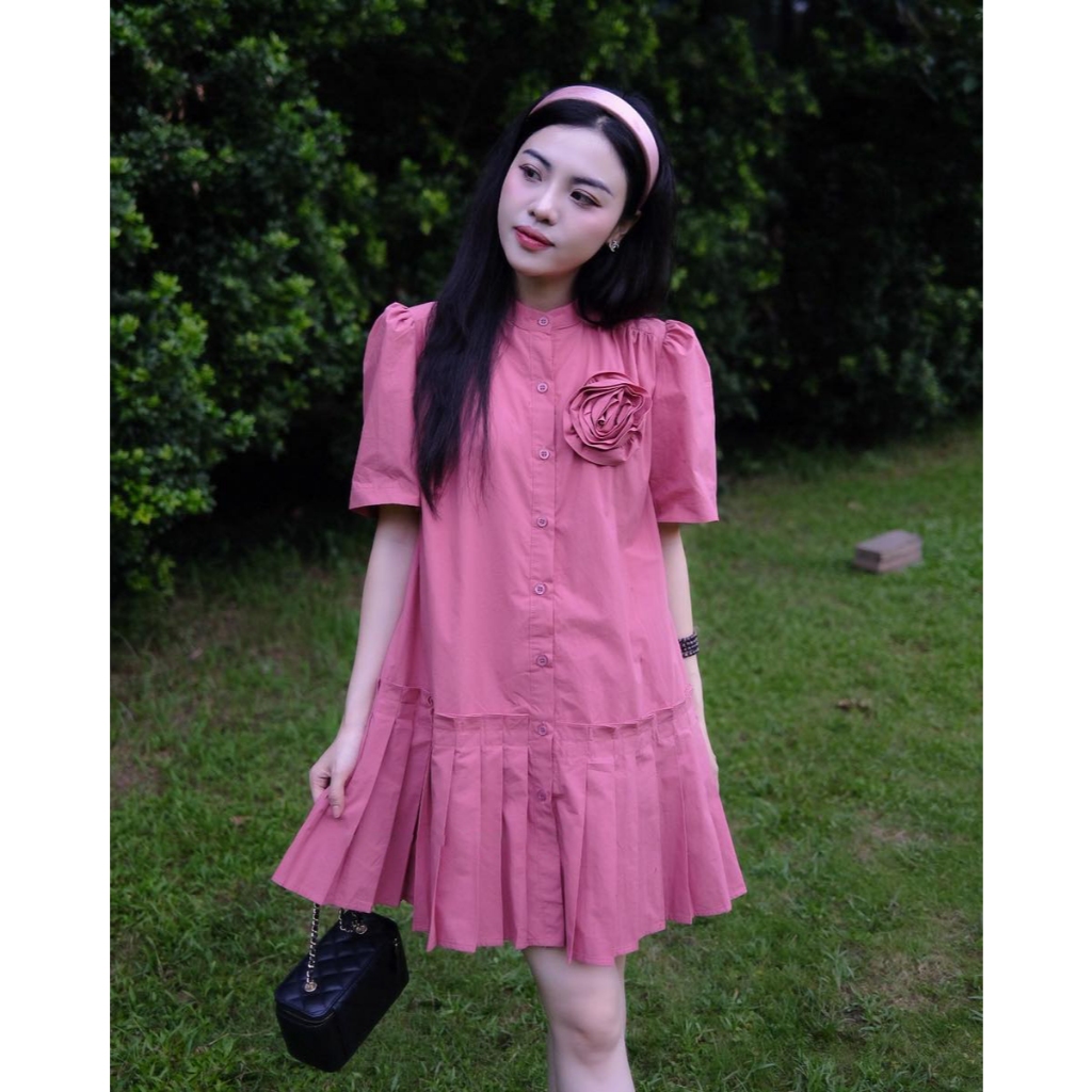 Váy Babydoll Đính Hoa Hồng 3D Dáng Hạ Eo Xếp Ly Tay Bồng, Đầm Thô Cổ Trụ Cài Cúc Phong Cách Tiểu Thư - CHAMIE STUDIO