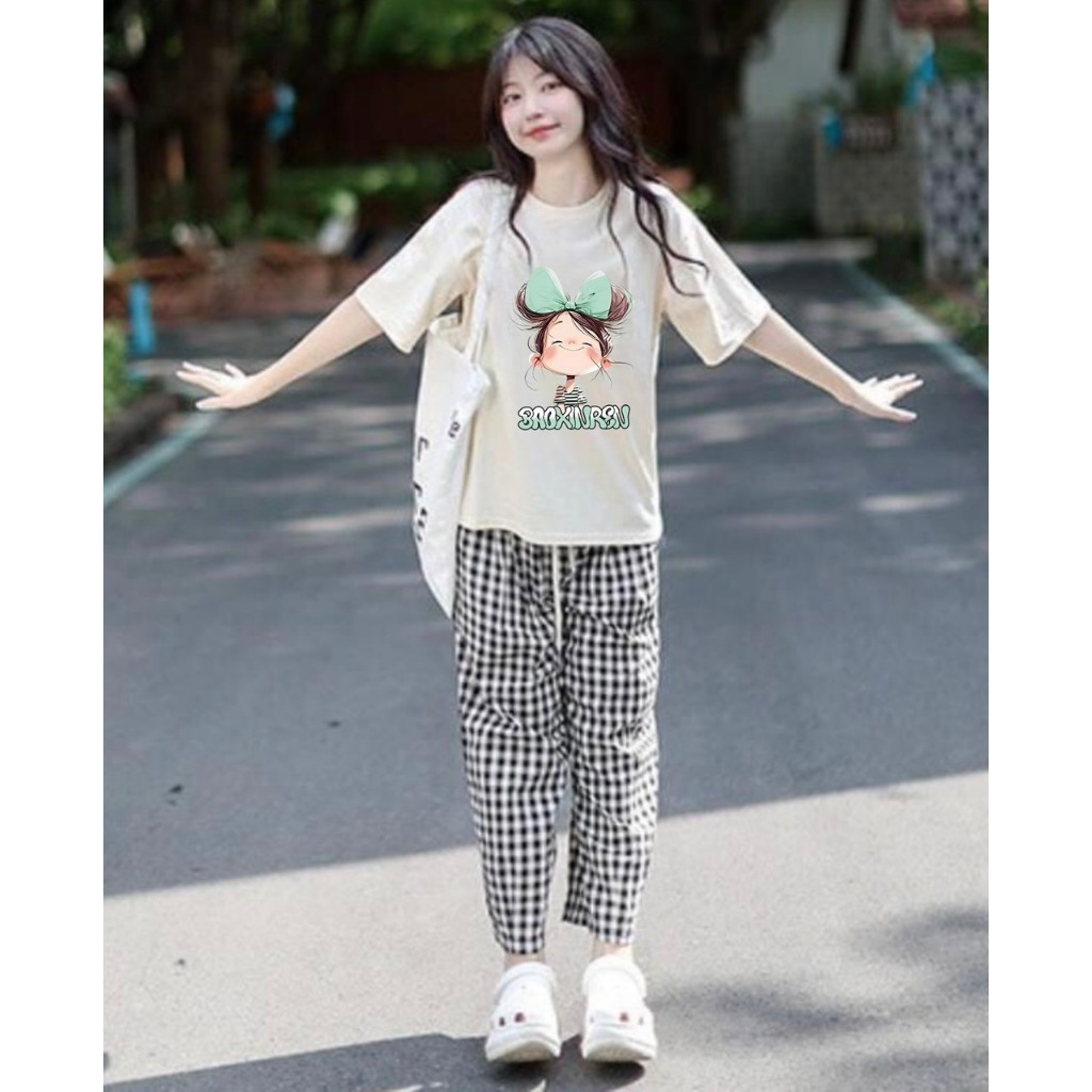 MẪU MỚI Sét đồ dài mặc nhà cho nữ in hình Bé Nơ xanh- JULY fashion2023, Đồ bộ mặc nhà quần dài Baggy chất Cotton Đũi mềm
