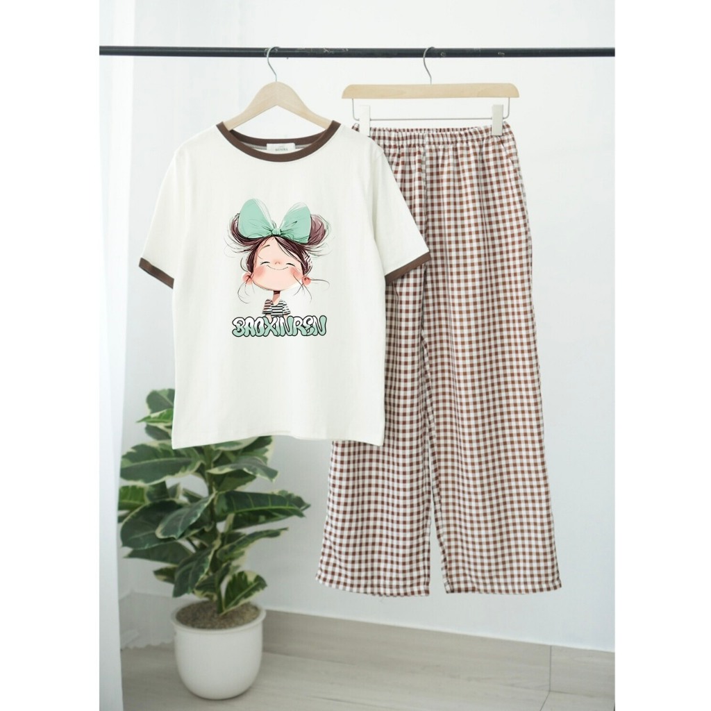 MẪU MỚI Sét đồ dài mặc nhà cho nữ in hình Bé Nơ xanh- JULY fashion2023, Đồ bộ mặc nhà quần dài Baggy chất Cotton Đũi mềm