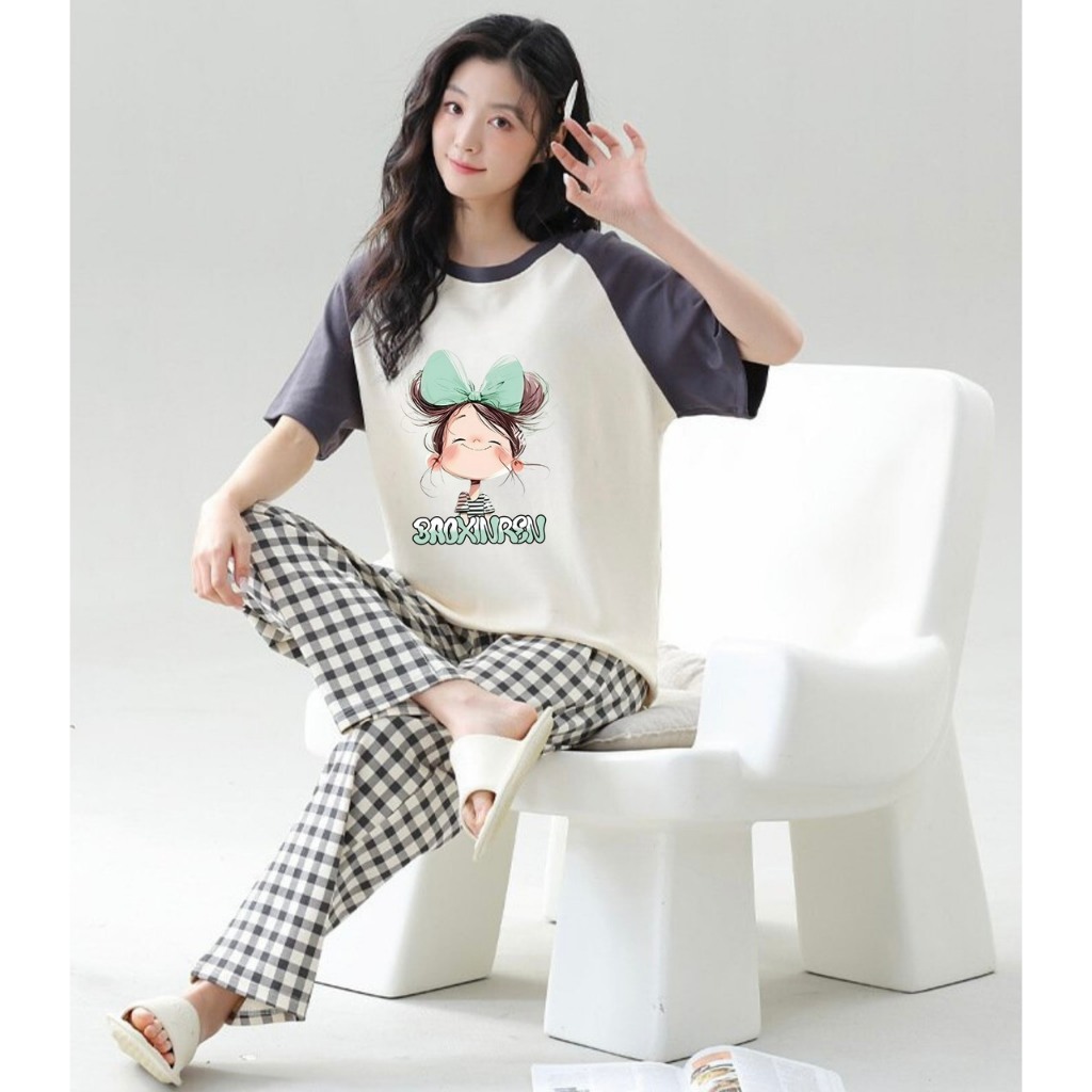MẪU MỚI Sét đồ dài mặc nhà cho nữ in hình Bé Nơ xanh- JULY fashion2023, Đồ bộ mặc nhà quần dài Baggy chất Cotton Đũi mềm