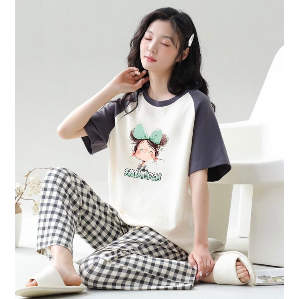 MẪU MỚI Sét đồ dài mặc nhà cho nữ in hình Bé Nơ xanh- JULY fashion2023, Đồ bộ mặc nhà quần dài Baggy chất Cotton Đũi mềm