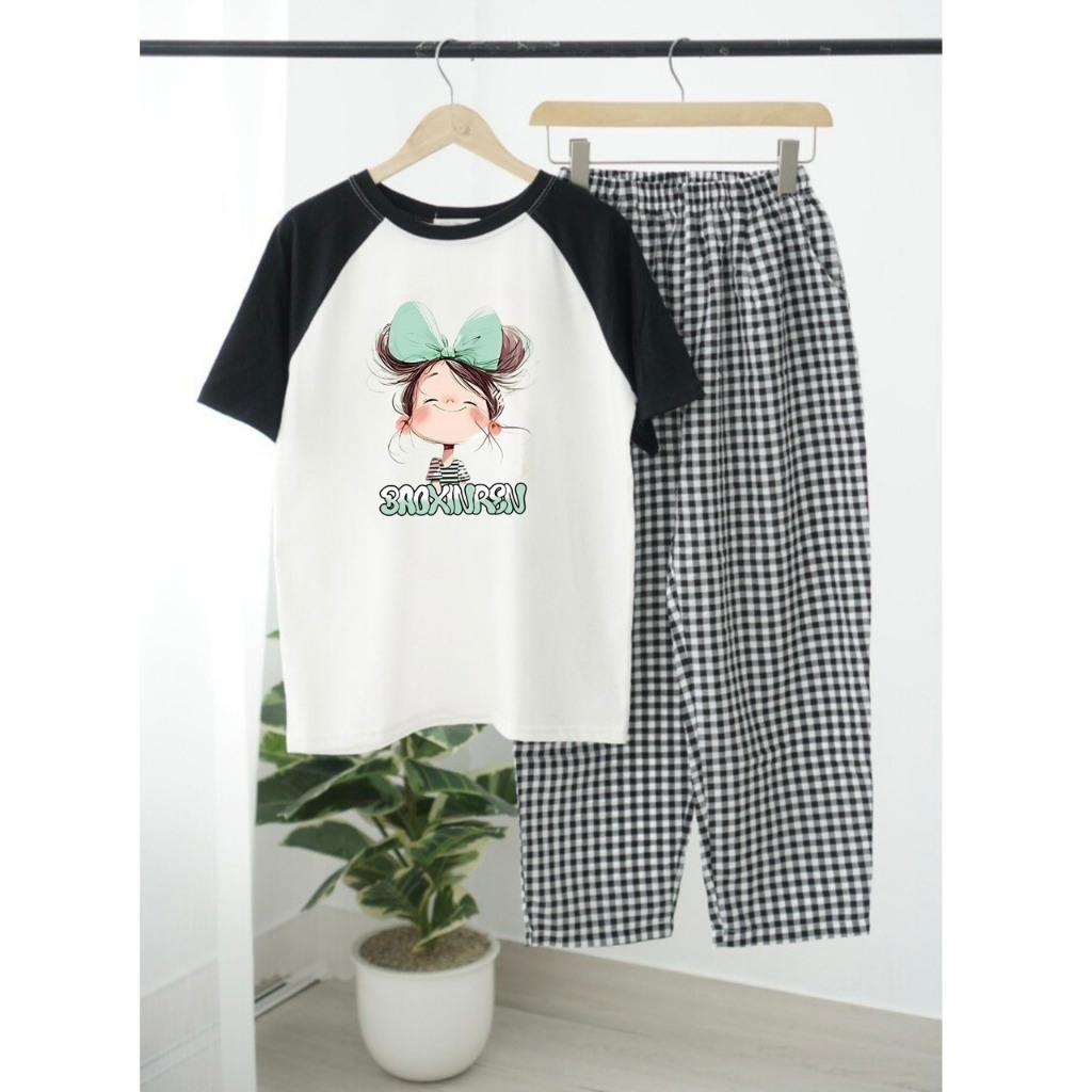 MẪU MỚI Sét đồ dài mặc nhà cho nữ in hình Bé Nơ xanh- JULY fashion2023, Đồ bộ mặc nhà quần dài Baggy chất Cotton Đũi mềm
