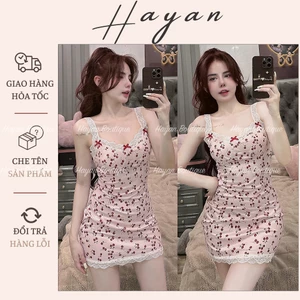 HT189 Váy ngủ cotton hoạ tiết chery đính nơ kèm ĐỆM LÓT, đầm body cute dễ thương gợi cảm HT189