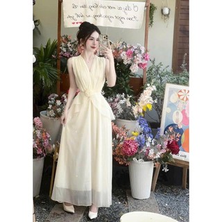 Đầm thời trang chất vải voan chiffon may hai lớp cổ tim áo sát tay from váy dài sang trọng thích hợp đi tiệc
