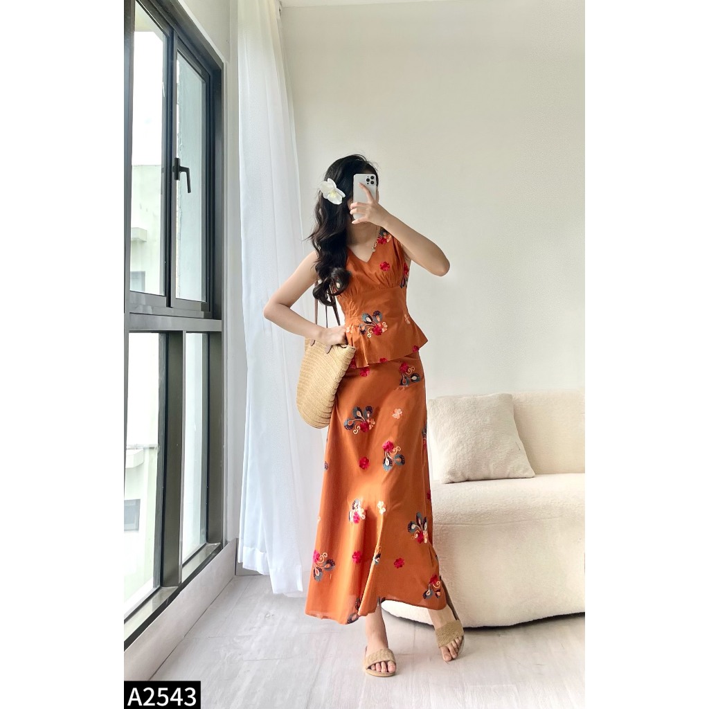 Set thô thuê áo sát nách phối chân váy midi A2543