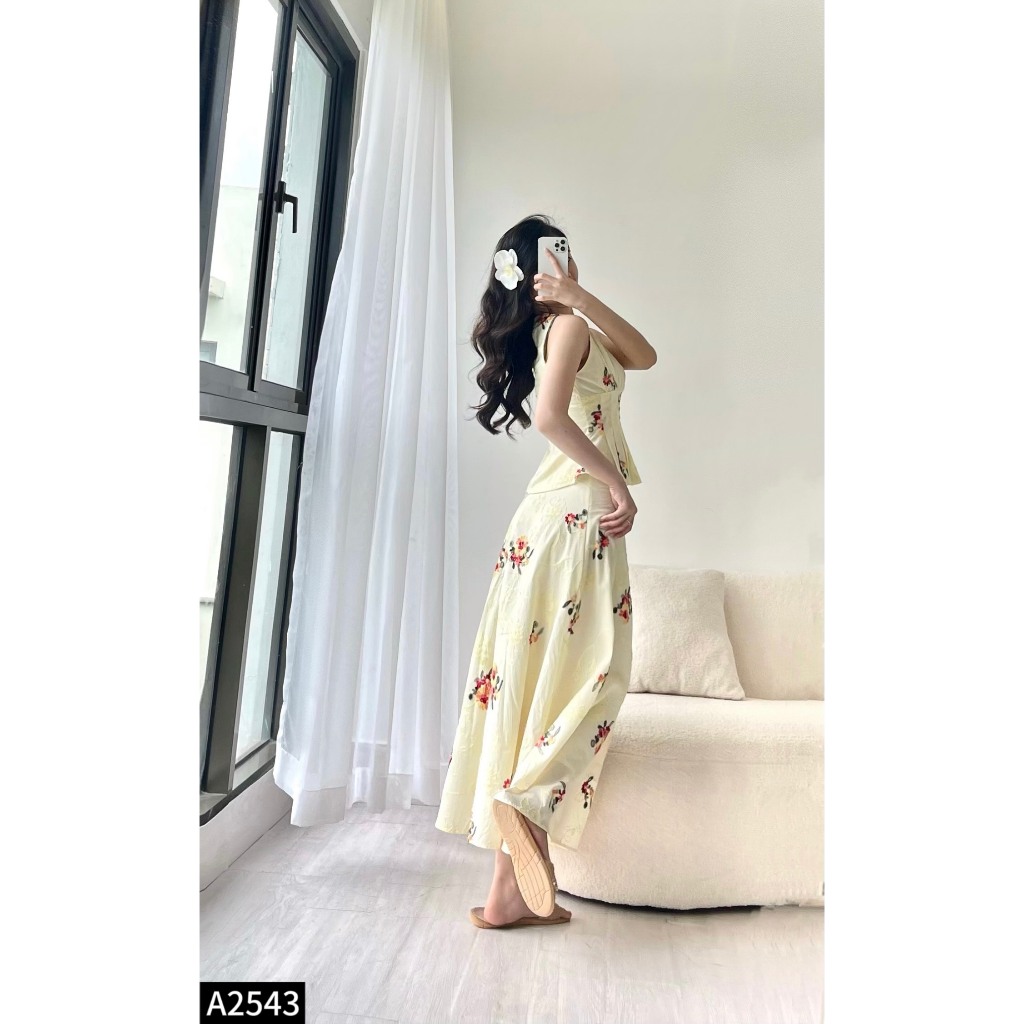 Set thô thuê áo sát nách phối chân váy midi A2543