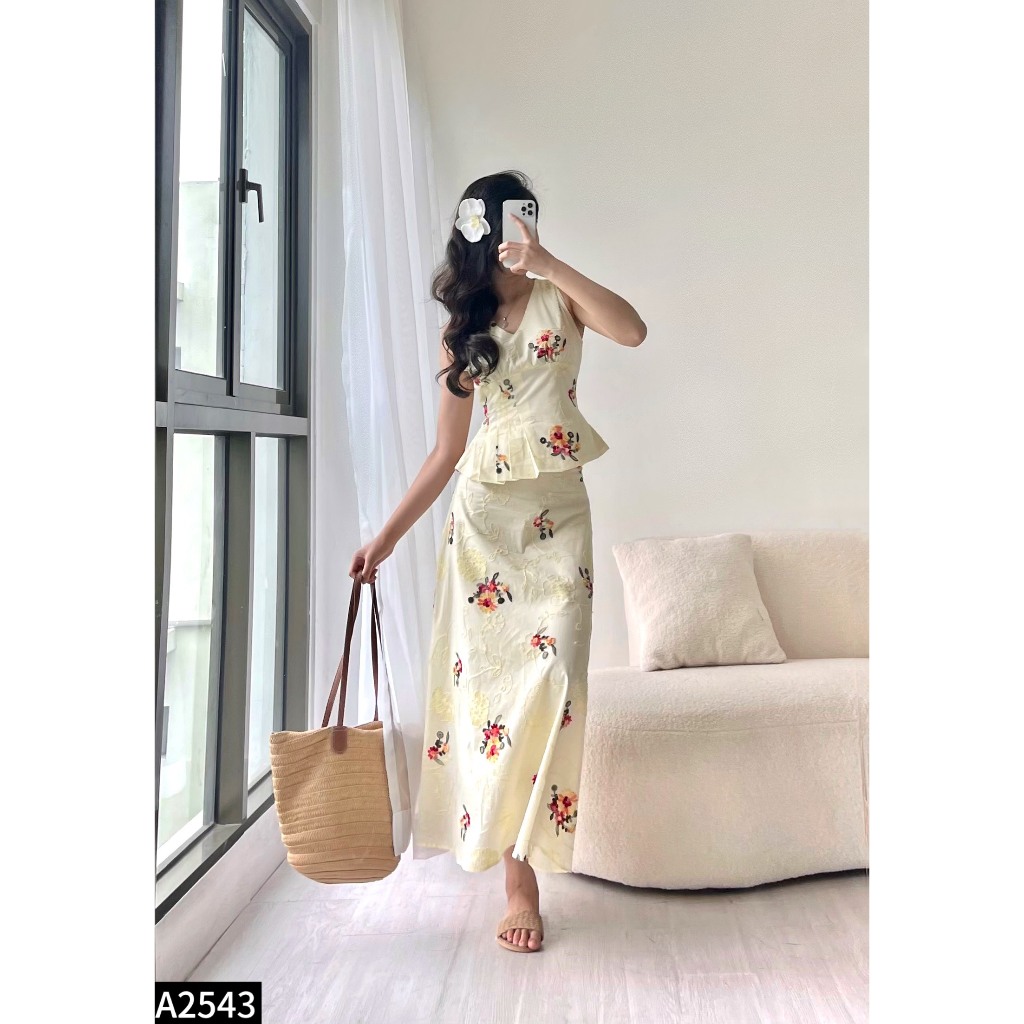 Set thô thuê áo sát nách phối chân váy midi A2543