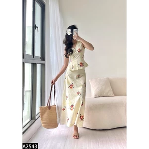 Set thô thuê áo sát nách phối chân váy midi A2543