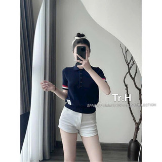 Áo len nữ tay cộc cổ bẻ sọc tay, dáng trơn basic dễ mặc, len mongtoghi freesize 554