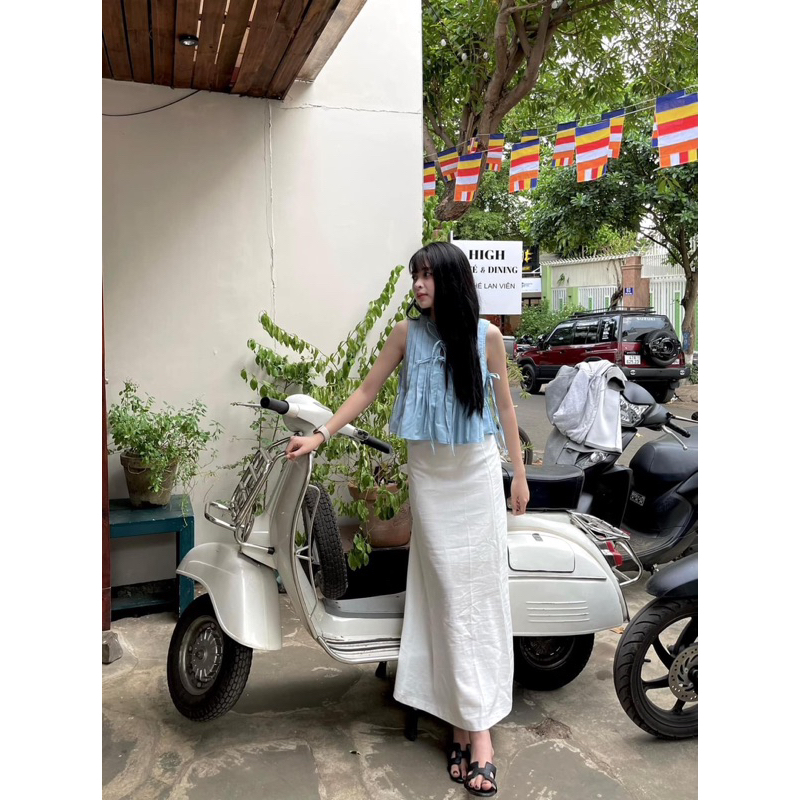 Áo xếp ly cổ trụ cột nơ chất lenin dễ mặc (ảnh thật trải sàn) | BigBuy360 - bigbuy360.vn