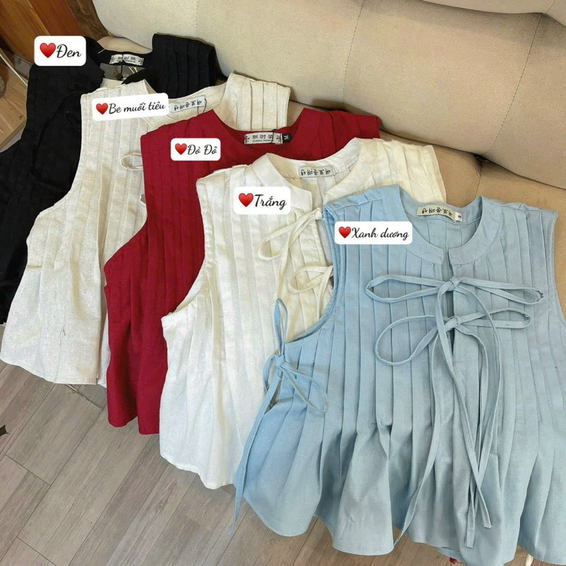 Áo xếp ly cổ trụ cột nơ chất lenin dễ mặc (ảnh thật trải sàn) | BigBuy360 - bigbuy360.vn