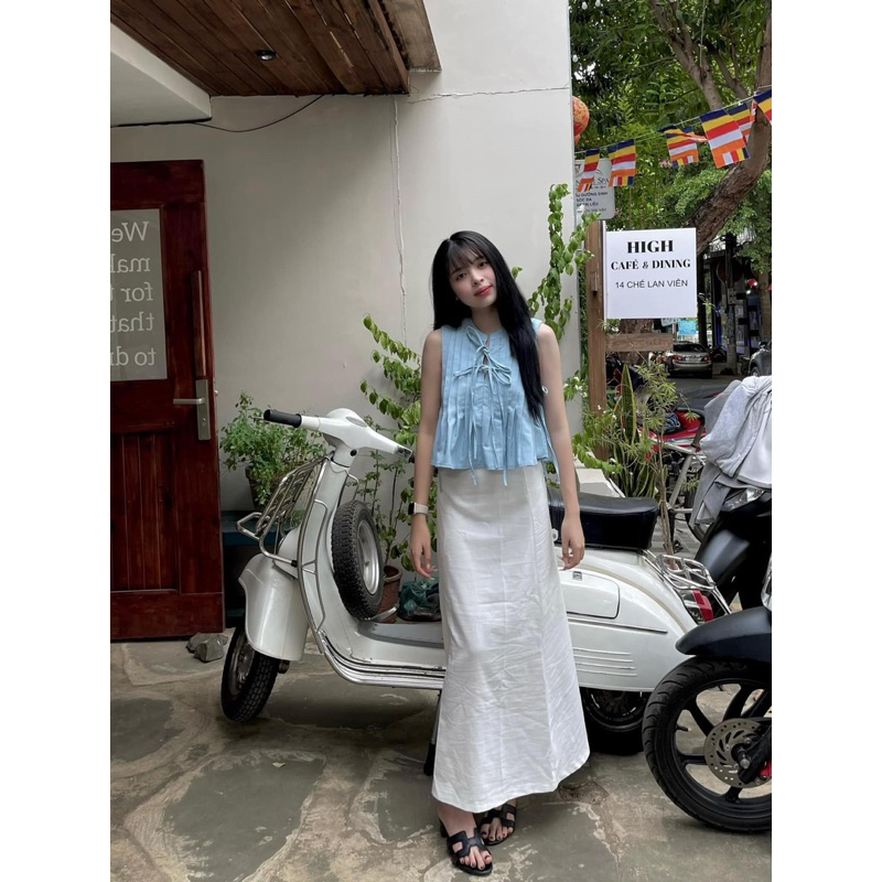 Áo xếp ly cổ trụ cột nơ chất lenin dễ mặc (ảnh thật trải sàn) | BigBuy360 - bigbuy360.vn