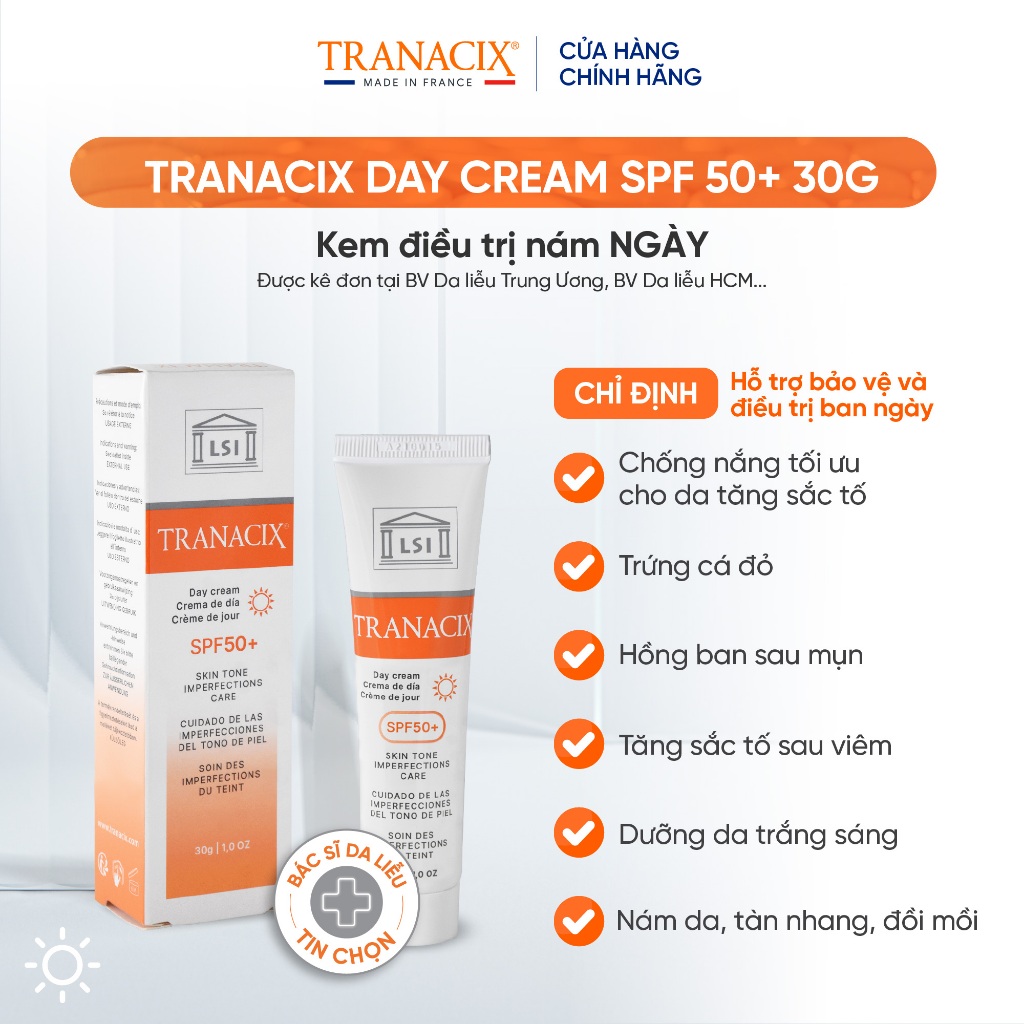 Kem nám và chống nắngTranacix Cream Day SPF 50+ 30G ngừa nám và bảo vệ da hằng ngày