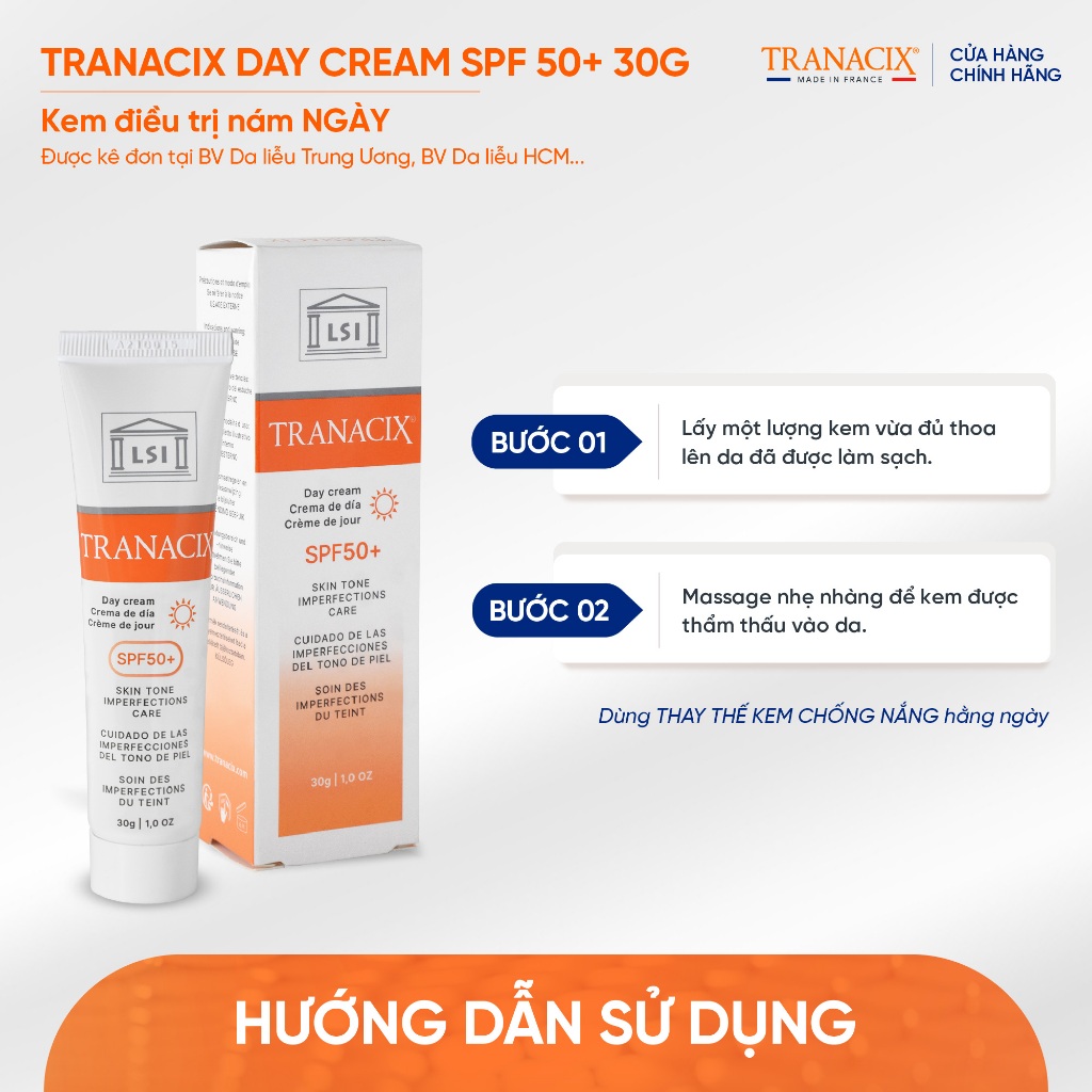 Kem nám và chống nắngTranacix Cream Day SPF 50+ 30G ngừa nám và bảo vệ da hằng ngày
