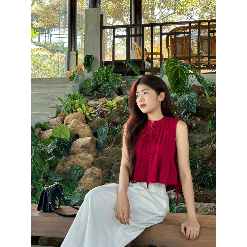 Áo xếp ly cổ trụ cột nơ chất lenin dễ mặc (ảnh thật trải sàn) | BigBuy360 - bigbuy360.vn