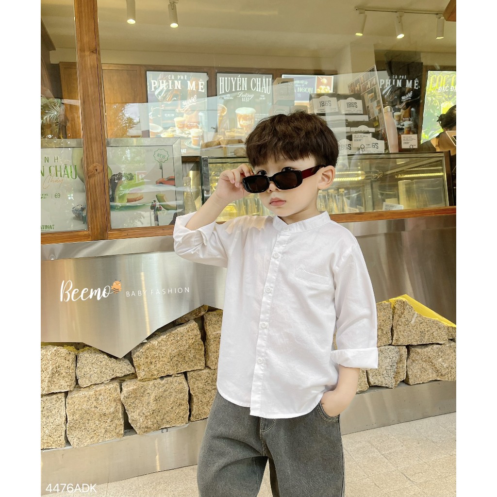 Áo sơ mi trắng dài tay basic bé trai, áo sơ mi trắng trơn truyền thống fom xuông cho bé