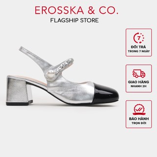 Erosska - Slingback thời trang mũi vá, quai ngang đính hạt ngọc cao 6cm màu bạc - EL041