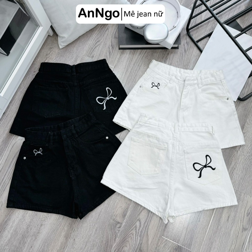(Có big size) Quần short jean nữ lưng cao chất denim không co giãn thêu nơ túi trước sau  Anngo - AT479