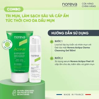 2 bước chăm sóc da dầu mụn Noreva Actipur Dermo Cleansing Gel 150ml và serum Noreva Actipur Peel 30ml