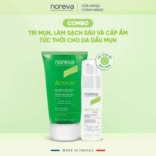 2 bước chăm sóc da dầu mụn Noreva Actipur Dermo Cleansing Gel 150ml và serum Noreva Actipur Peel 30ml