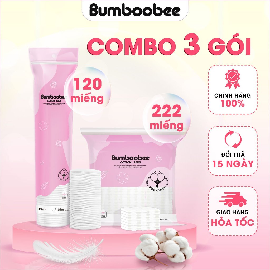 Bông tẩy trang 3 lớp Combo 3 gói bumboobee 100% cotton 120 miếng 222 miếng siêu thấm hút mềm mại an toàn cho da