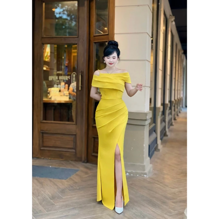 Đầm Dạ Hội Trẻ Trung Trễ Vai Xẻ Tà, Đầm Dự Tiệc Bigsize Thiết Kế Trung Niên Sang Trọng Mã Dạ Hội M43