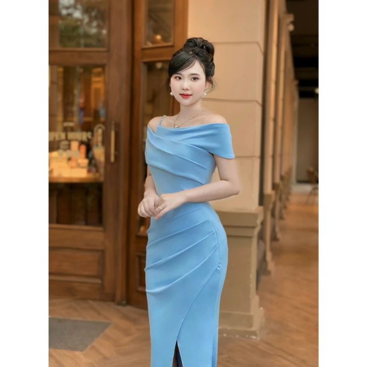 Đầm Dạ Hội Trẻ Trung Trễ Vai Xẻ Tà, Đầm Dự Tiệc Bigsize Thiết Kế Trung Niên Sang Trọng Mã Dạ Hội M43