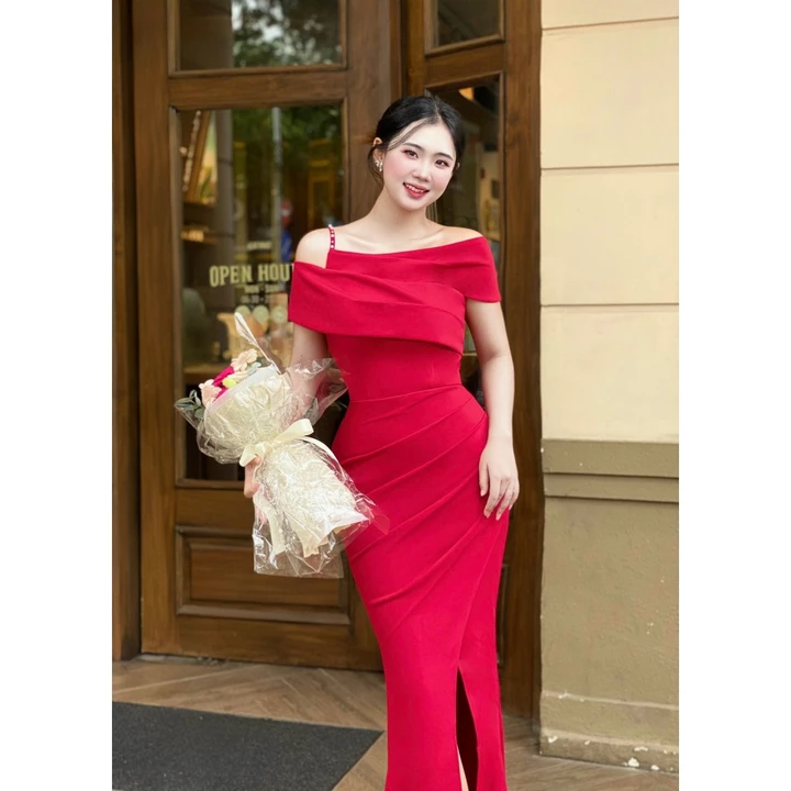 Đầm Dạ Hội Trẻ Trung Trễ Vai Xẻ Tà, Đầm Dự Tiệc Bigsize Thiết Kế Trung Niên Sang Trọng Mã Dạ Hội M43