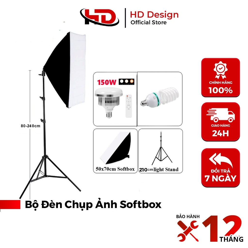 Bộ Đèn livestream Studio Chụp Ảnh Kèm Bóng 150w Softbox 50x70cm - Chính Hãng HD DESIGN