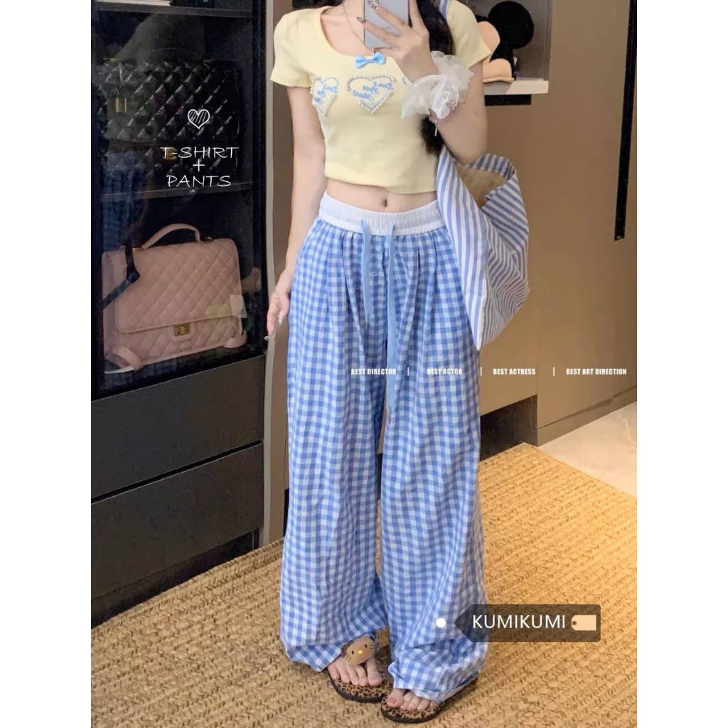 Quần ống rộng caro cạp trắng hót hít . Chất mặc mát. Đủ màu.(cr6)