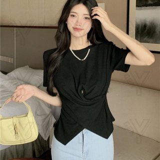 Áo thun nữ Forgirlvn áo thun trơn ôm body cổ tròn chiết eo chéo vạt T101