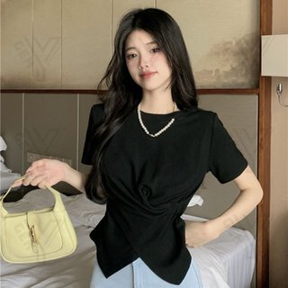 Áo thun nữ Forgirlvn áo thun trơn ôm body cổ tròn chiết eo chéo vạt T101