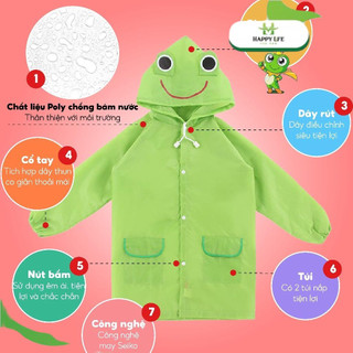 Áo mưa choàng trẻ em hình thú hoạt hình dễ thương – Poly chống thấm, màu sắc tươi sáng, có mũ & túi