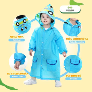 Áo mưa choàng trẻ em hình thú hoạt hình dễ thương – Poly chống thấm, màu sắc tươi sáng, có mũ & túi