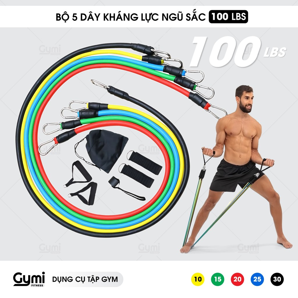 [100LBS - 11 Phụ Kiện] Bộ 5 Dây Ngũ Sắc Tập Full Body - Dụng Cụ Tập Gym Kháng Lực - NguSac100LBS