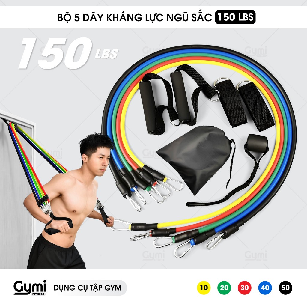 [150LBS - 11 Phụ Kiện] Bộ 5 Dây Ngũ Sắc Kháng Lực Nặng Đô Tập Thể Hình Toàn Thân Kèm Neo Cửa, Đá Đùi - NguSac150LBS