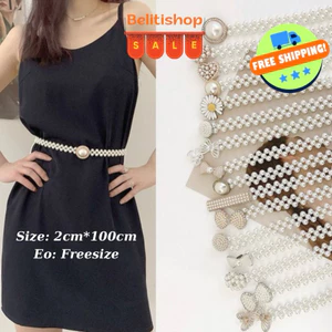 Thắt lưng B24 Nữ Full hạt ngọc trắng khoá gài điều chỉnh theo eo dễ phối đồ sang trọng