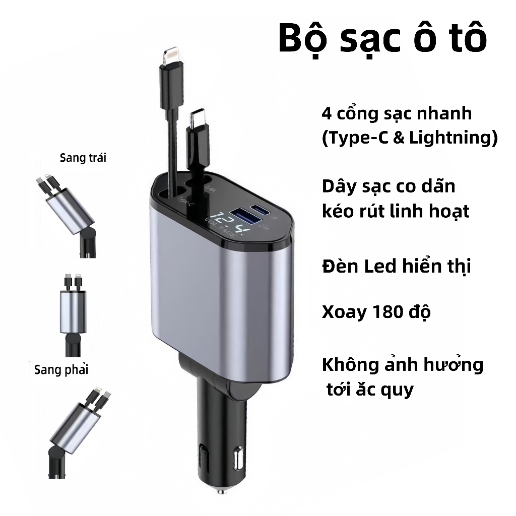 Bộ sạc điện thoại xe hơi nhanh 4 trong 1, có thể thu vào 120W với cáp có thể thu vào và sạc xe hơi 2 cổng USB | Shopee Việt Nam