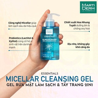 Gel rửa mặt martiderm essentials micellar cleansing gel 200ml
